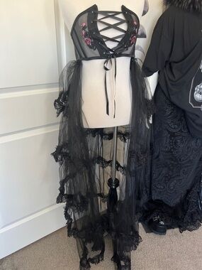 Dolls Kill WIDOW Black Sheer Tulle Under Bust Dress with Pink Embroidery Detail
